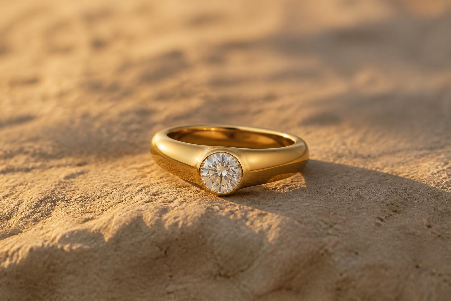 An 18k recycled gold ring with an ethically sourced diamond resting on warm sand stone in dusk light